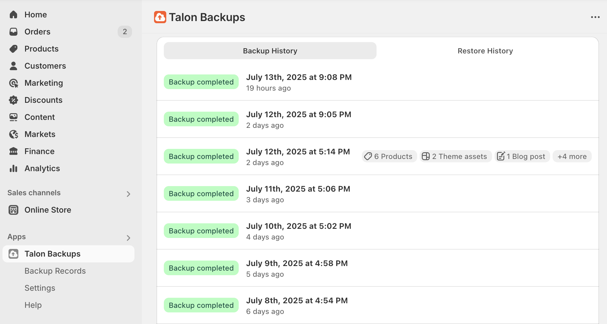 Choose a backup date from the history