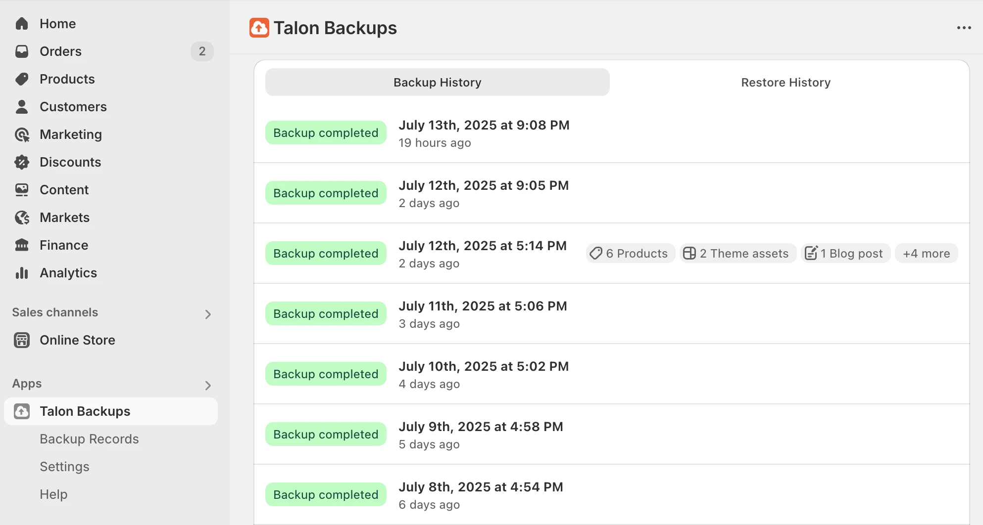 Choose a backup date from the history