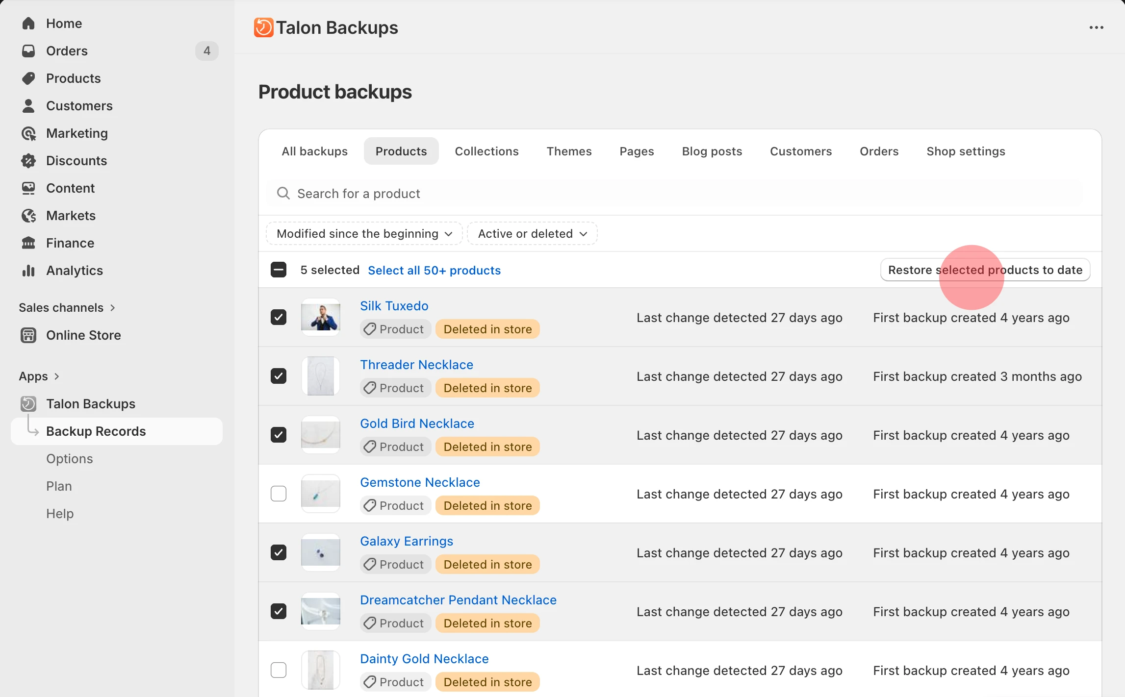 Restore products from a specific backup date
