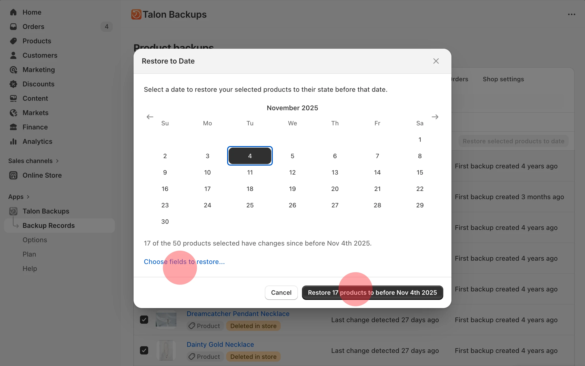 Restore all products from a specific backup date